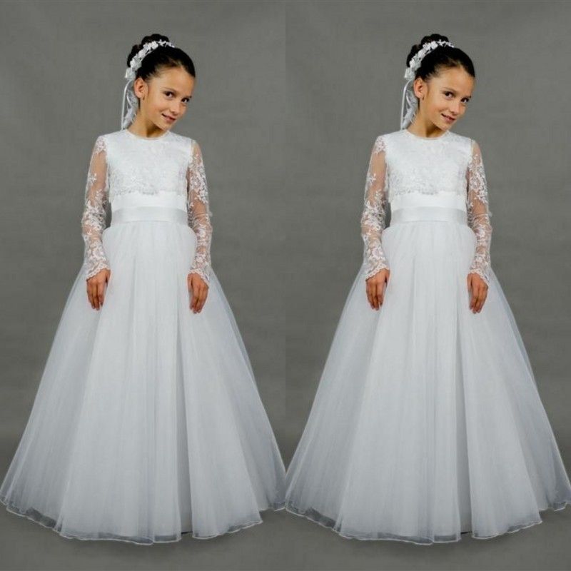 thumbnail image 2 of HEVECI White Holy Communion Dress For Girls - Long Sleeve Flower Girl Wedding Dress 2 of 10