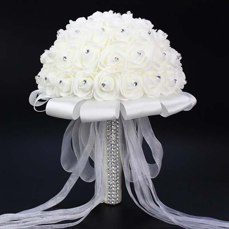 2017 nouveau mariage blanc Bouquet de fleurs à la main Rose strass Perle mariée  Bouquet artificiel