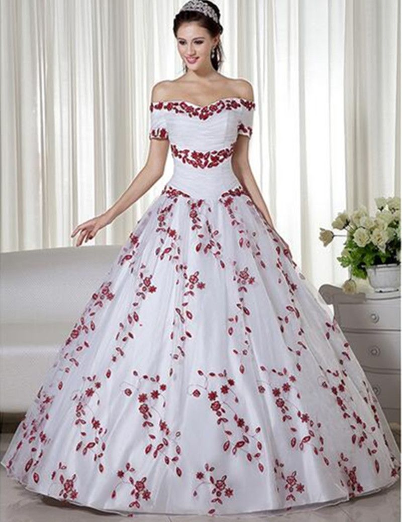 Wit rood 2019 Nieuwe Baljurk Prinses Trouwjurk Borduurwerk Handgemaakte Custom Size Kleurrijke Bruids Corset Off
