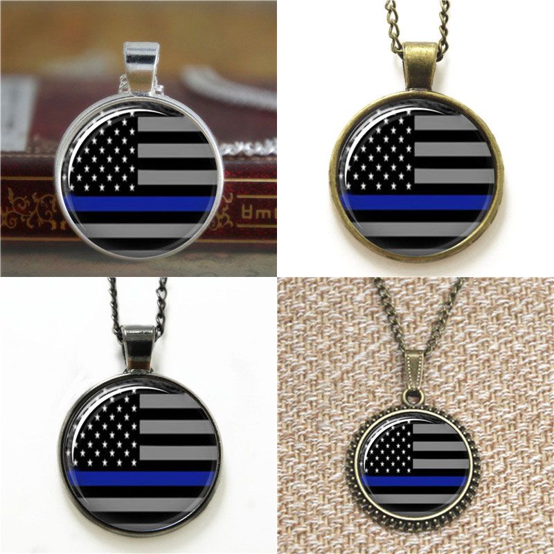 Wholesale Thin Blue Line American Flag Glass Photo Necklace Keyring