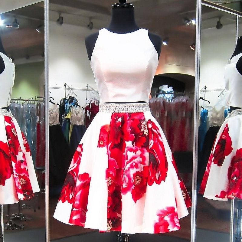 red and white floral prom dress