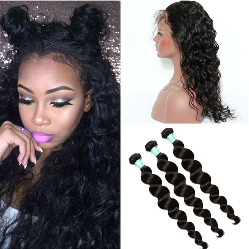 Pre Plucked 360 Full Lace Frontal Closure With Bundles Peruvian Loose Deep Wave Virgin Human Hair Weaves With 360 Lace Band Frontal Weave Hair Styles