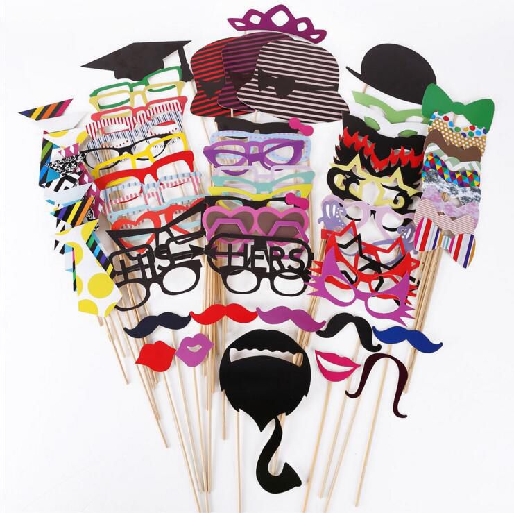Hot 76pcs/lot DIY Party Photo Masks Photo Beard Glasses Cap Tie Bow Tie On A Stick Wedding Birthday Graduation Party Favor