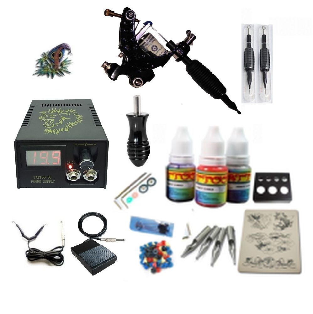 Beginner Tattoo Kit 1 Rotary Machine 3 Inks Sets Power Supply Needles