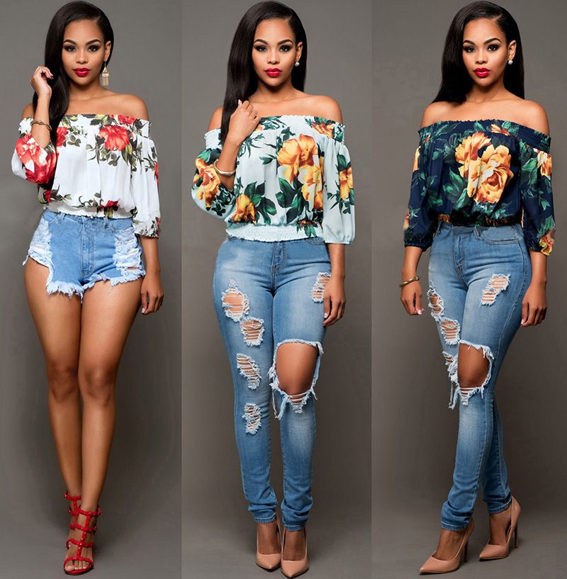 mujer floral impresión primavera de hombro camisa señora mujeres sexy cuello cuello blusa Flare / de