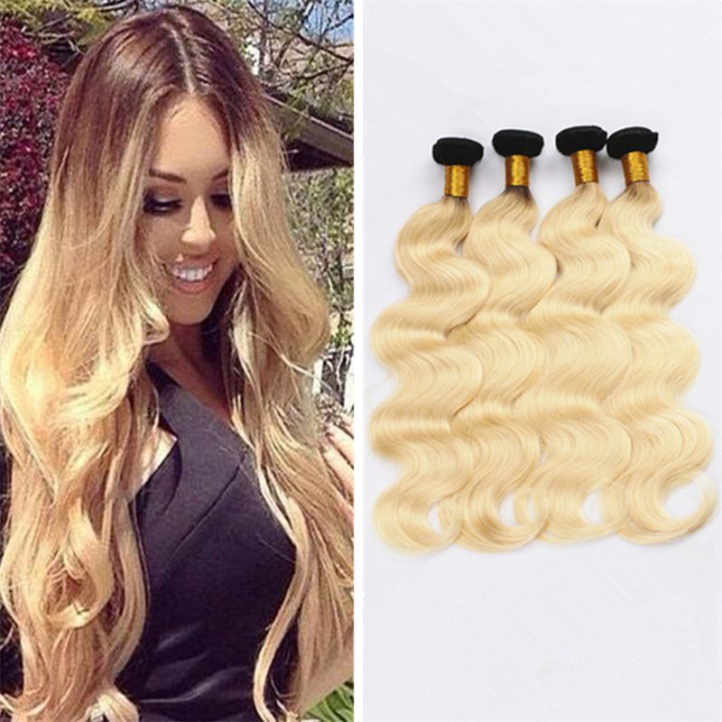 Platinum Blonde Dark Roots Ombre Body Wave Hair 4 Bundles Two Tone