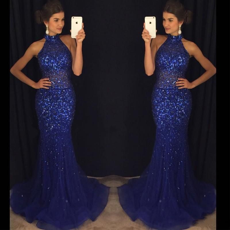 royal blue halter prom dress