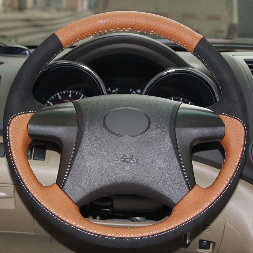 Orange Genuine Leather Black Suede Hand Stitched Steering Wheel Cover