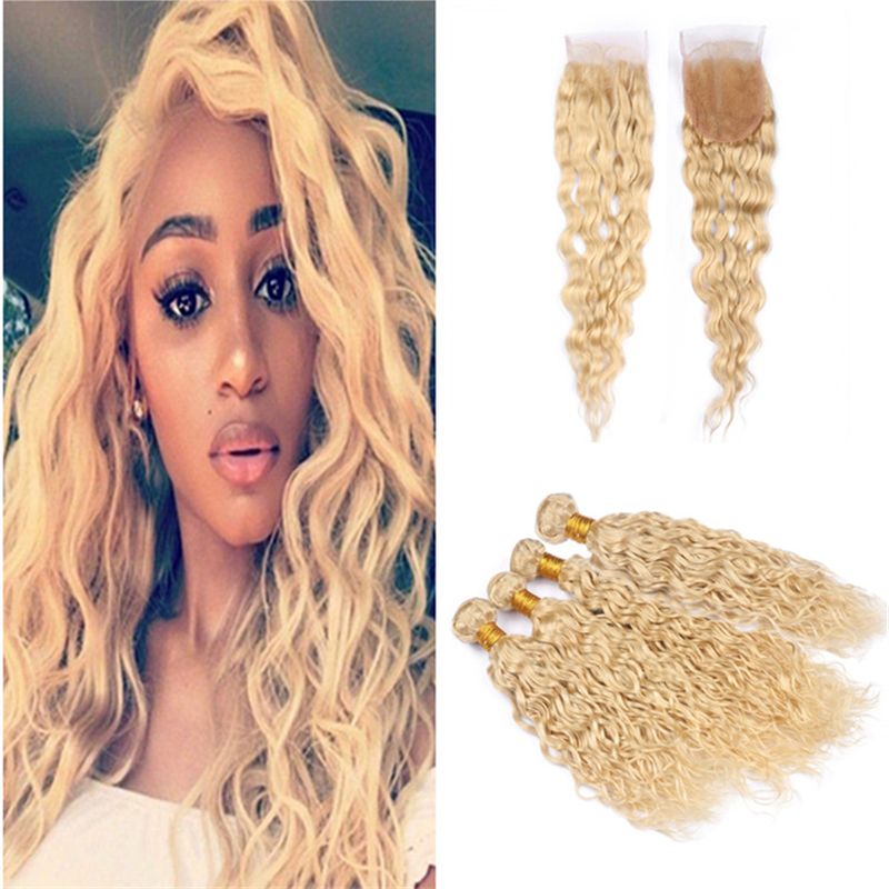 2019 Indian Wet And Wavy Blonde Human Hair 4 Bundles With Lace