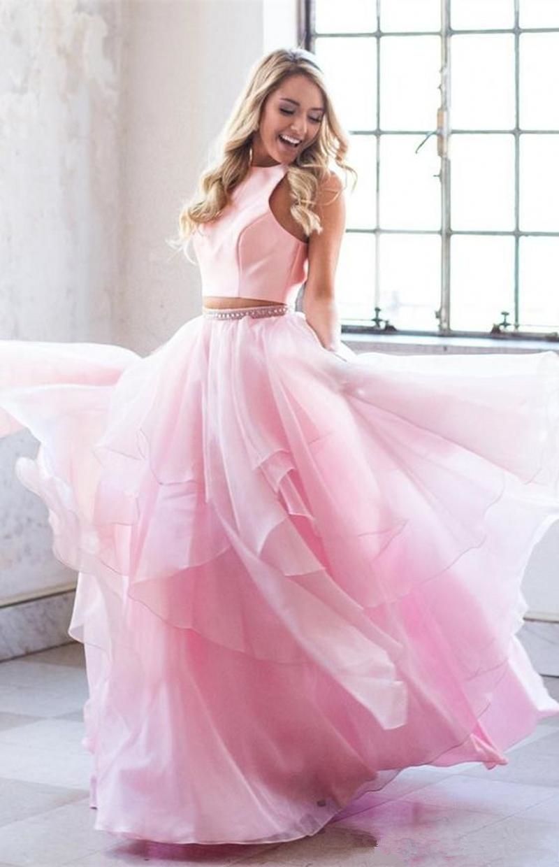 pink two piece prom dress