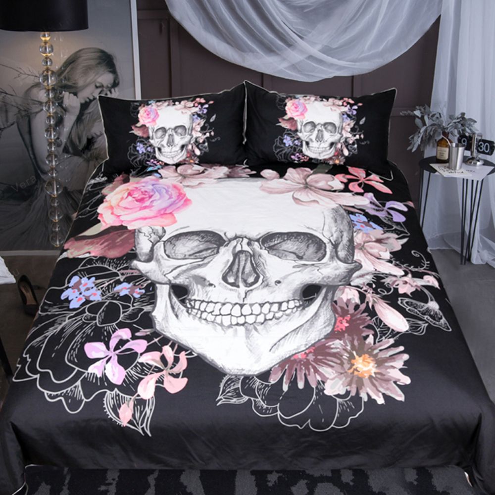 Fashion Western Style 3d Pink Flower White Skull Pattern Bedding