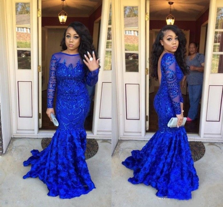 2018 African Royal Blue Prom Dresses Long Sleeves Appliques Handmade Flowers Backless Lace Appliques Black Girl Evening Party Dresses From Covenantrose 145 73 Dhgate Com