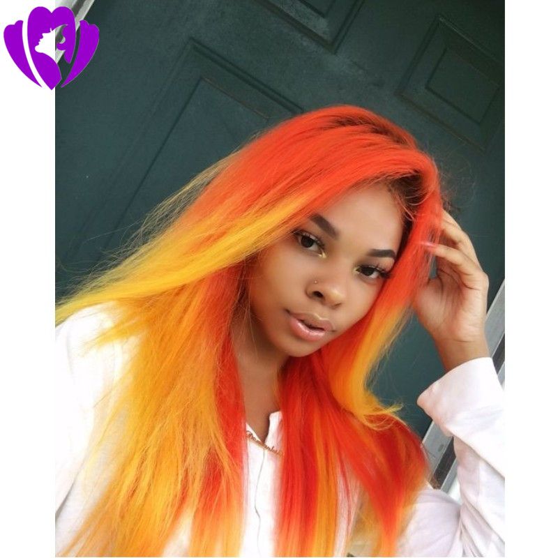 High Temperature Fiber Perruque Red Ombre Orange Wigs Long
