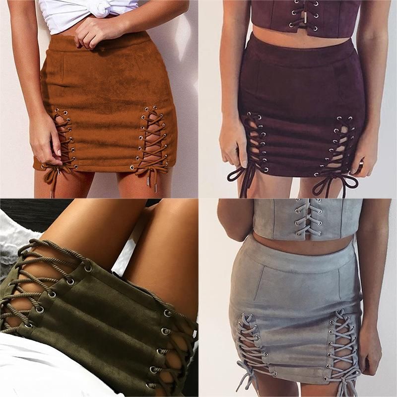 2020 Women High Waist Lace Up Pencil Skirt Suede Fabric Leather