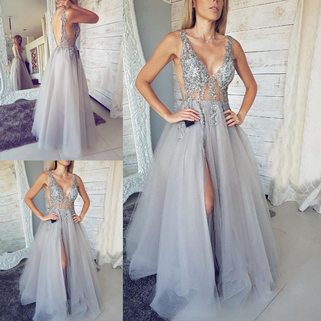 Compra Increíble Escote En V Profundo Con Vestidos Largos De Baile De  Lentejuelas De Plata Con Cuentas De Tul En Medio Oriente Apliques Con  Cuentas Laterales De Split Robe De Bal Vestidos