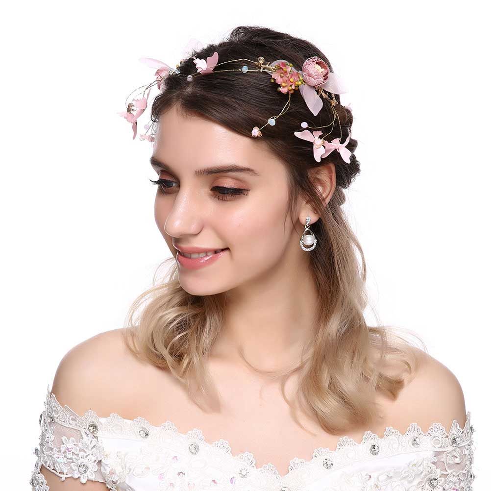 New Sweet Fabric Headband Flower Crown Pink Hair Accessories Women