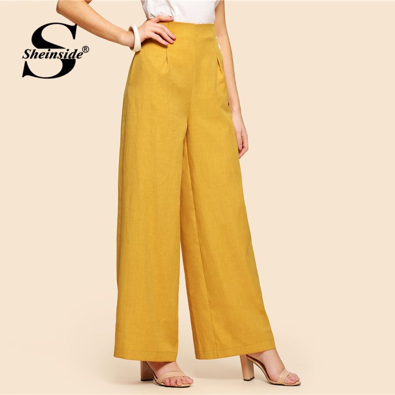 Acquistare Sheinside Giallo Vita Alta Pantaloni Larghi Da Ufficio  Abbigliamento Da Lavoro Da Donna Bottoni Dettaglio Tasche Pantaloni Solidi  Donna Pantaloni Larghi Eleganti Economico | Consegna Veloce E Qualità |  It.Dhgate
