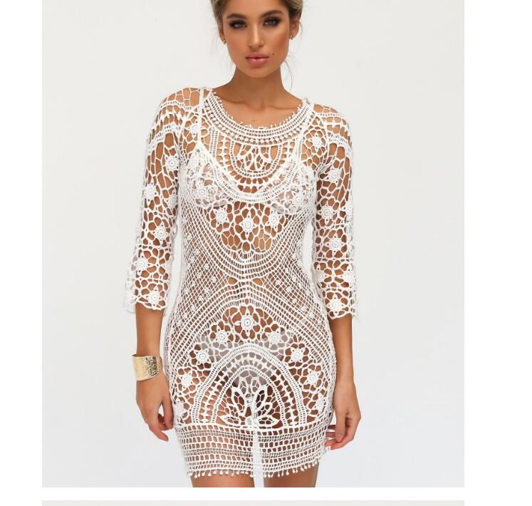 Women Crochet Bikini Dress Boho Hollow Swimwear Bathing Suit Beach Cover Up