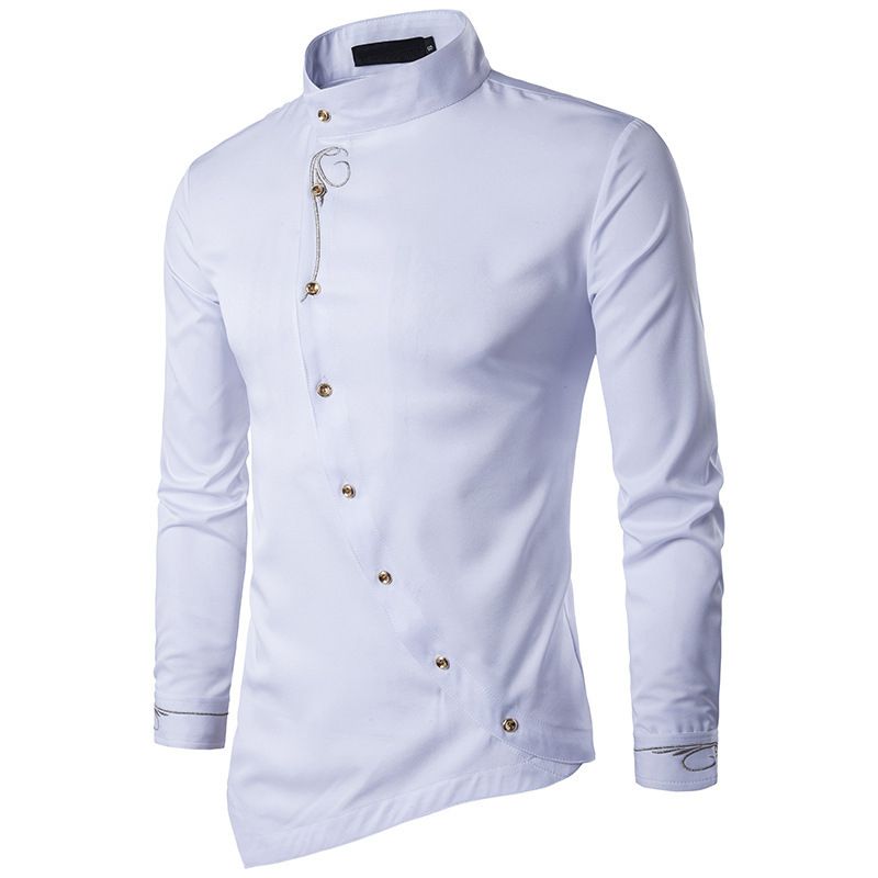 Lu Studio White Floral Shirt Men Slim Fit Extra Long Irregular Hem Men Shirts Obique Button Long Sleeve 