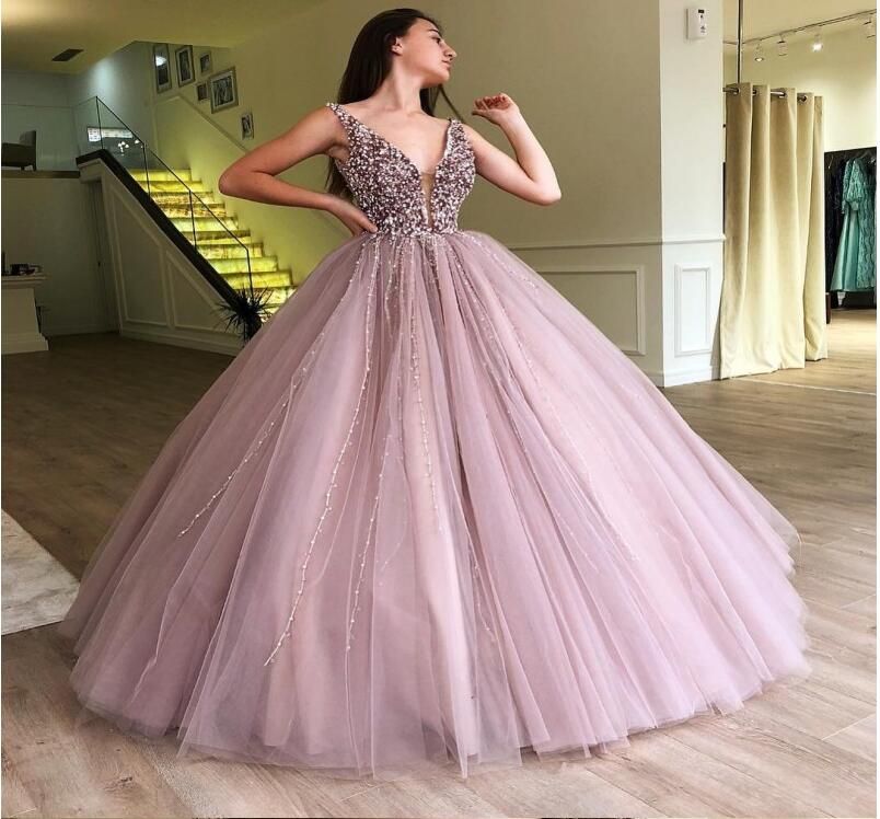 2019 vestido de de tul vestido de noche largo árabe de Dubai 2018 Vestidos de baile Vestidos perlas de cristal para 15 anos del dulce 16 de los vestidos