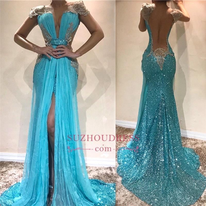 Compre Elegantes Vestidos De Noche Sin Espalda Azul Con Mangas Rematadas  Apliques Dorados Vestido De Fiesta Sexy V De Cuello Alto Con Lentejuelas Vestido  De Fiesta De Alta División BC0212 A 109,73