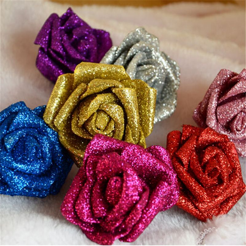100Foam Roses with Glitter Powder Flowers Bride Bouquet Home Wedding Party Decor 