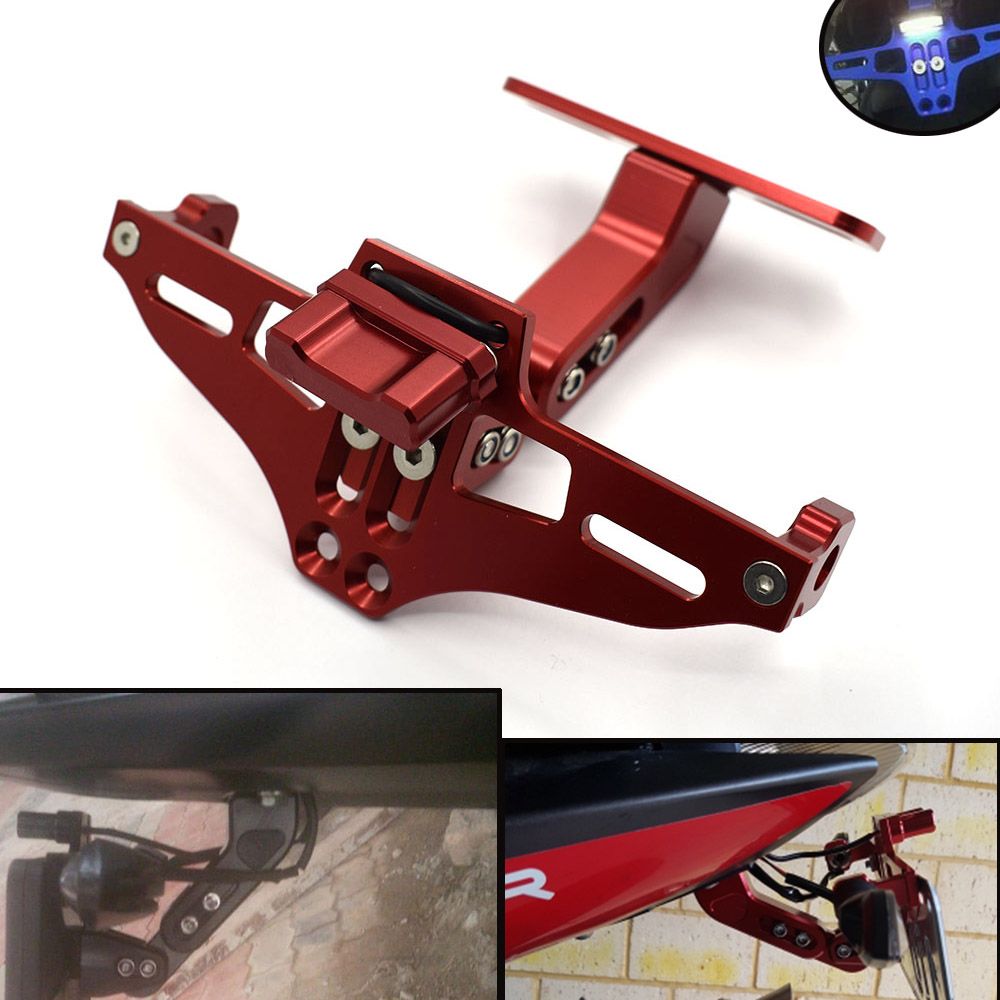 CNC Aluminum Universal Motorcycle License Plate Holder Bracket LED Light Black
