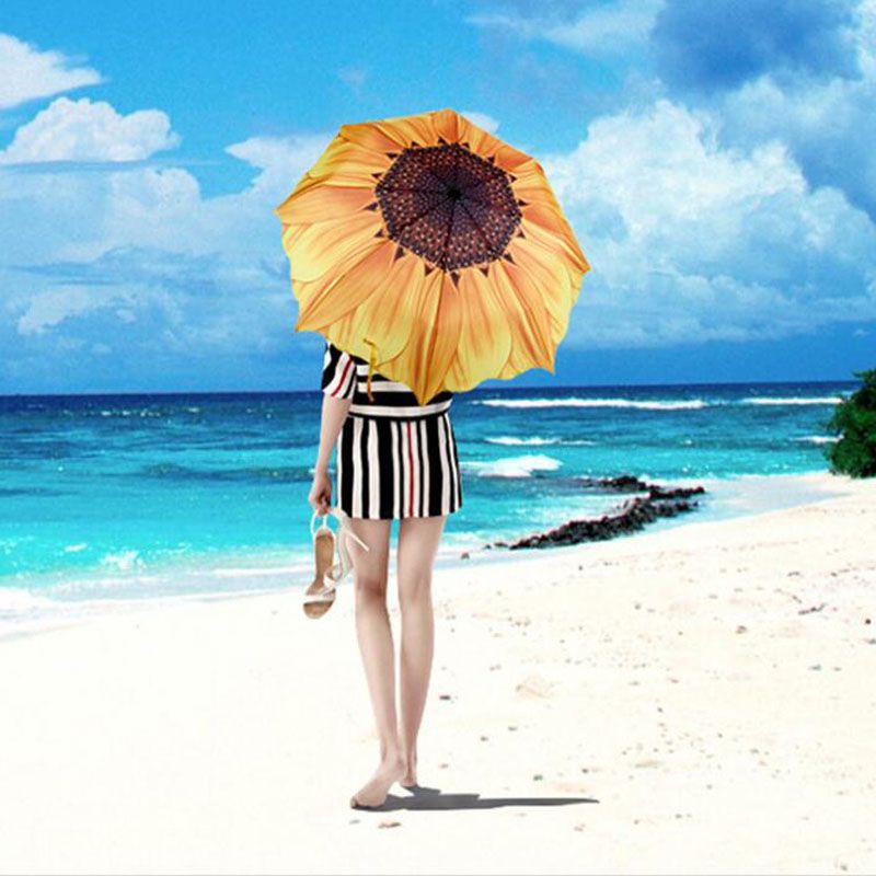 Acheter Motif Tournesol Trois Parapluie Pliant Femmes Hommes Soleil Pluie Grand Parasols De Plage Parasol Livraison Gratuite Za6417 De 80 Du