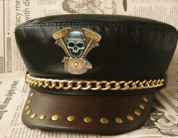 Metal Rivet Studded Skull Mens Genuine Leather Biker Punk Rocker Cap Hat vogueteen New 