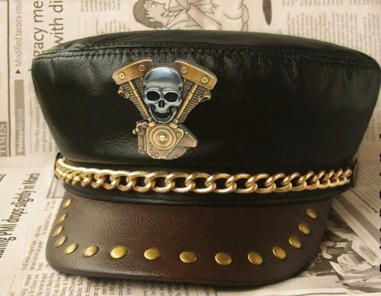 Metal Rivet Studded Skull Mens Genuine Leather Biker Punk Rocker Cap Hat vogueteen New Metal Rivet Studded Skull Mens Genuine Leather Biker Punk Rocker Cap Hat vogueteen New