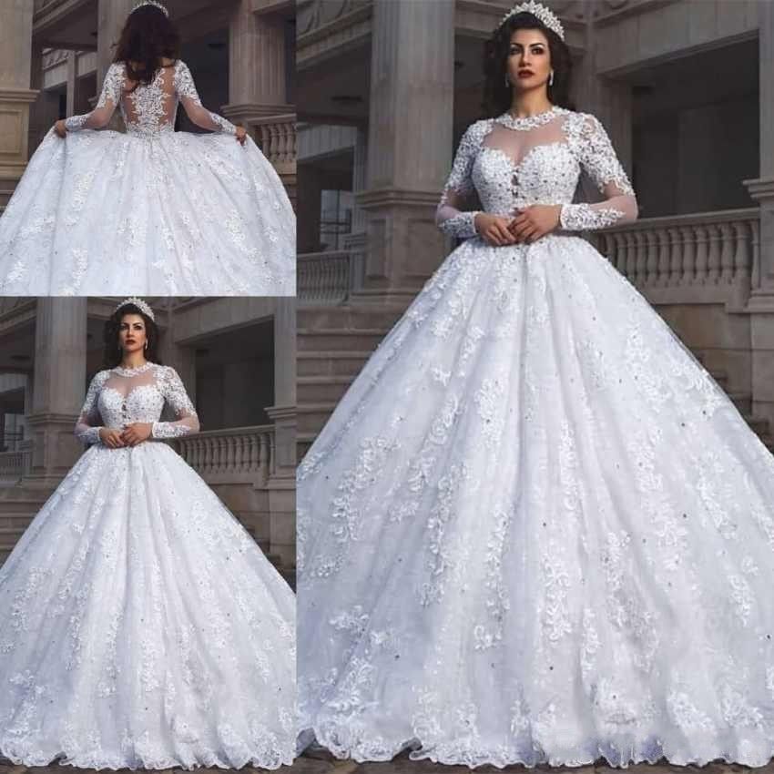 Discount Luxury Lace Applique 2019 A Line Wedding Dresses Sheer