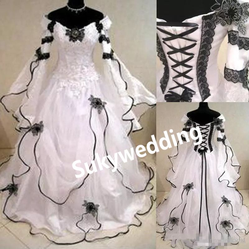 Acquistare Abiti Gothic Taglie Forti Abiti Da Sposa In Stile Vittoriano  Abito A Maniche Lunghe Nero E Pizzo Bianco Corsetto Abiti Da Sposa A Linea  Garden Country Sposa Economico | Consegna Veloce