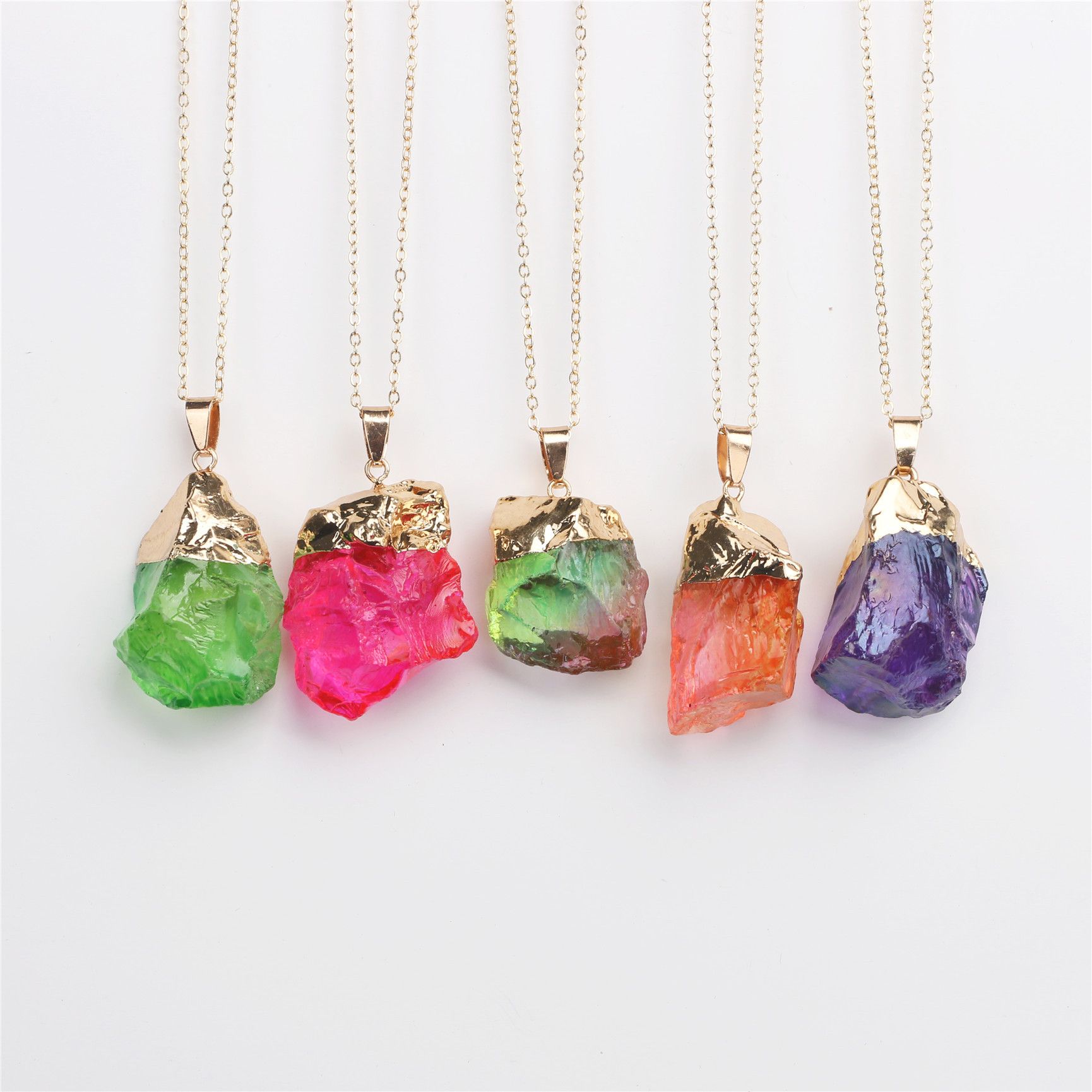 Rainbow Stone Natural Crystal Chakra Rock Chain Quartz Pendant Charm Necklace UK
