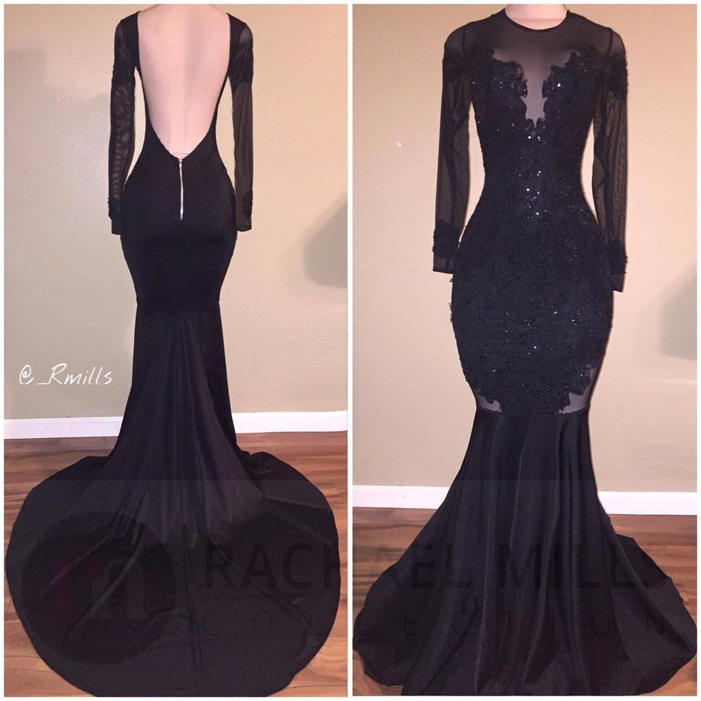Black White Lace Long sleeves Prom Dress 2018 Wedding Evening Party Pageant Gown