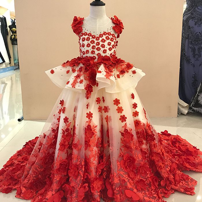girls red flower girl dress
