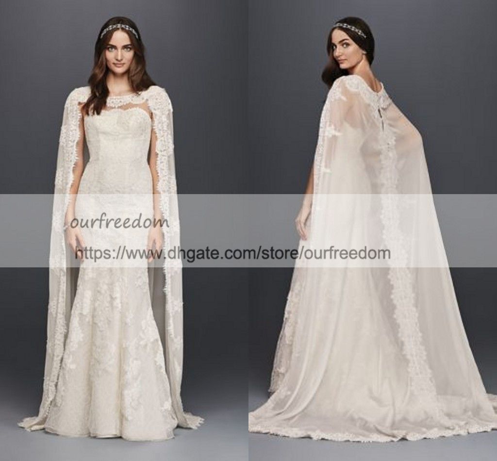 Oleg Cassini Scalloped Chiffon Lace Cape Wedding Dress 2019 Modest