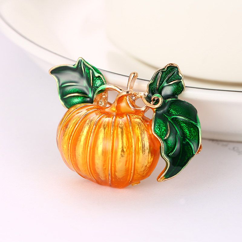 Enamel Halloween Green Leaves Orange Pumpkin Brooch Pins Jewelry Gift For Women