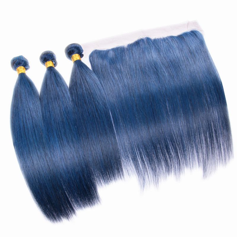 Silky Straight Blue Color Hair 3bundles With Lace Frontal Grey Blue Hair Extensions With Top Frontal 13x4 Natural Curly Hair Weave Hair Weave