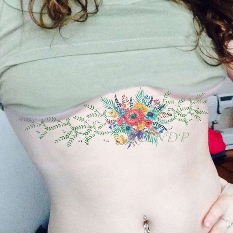 Waterproof Temporary Tattoo Sticker Flower Grass On Womens Chest