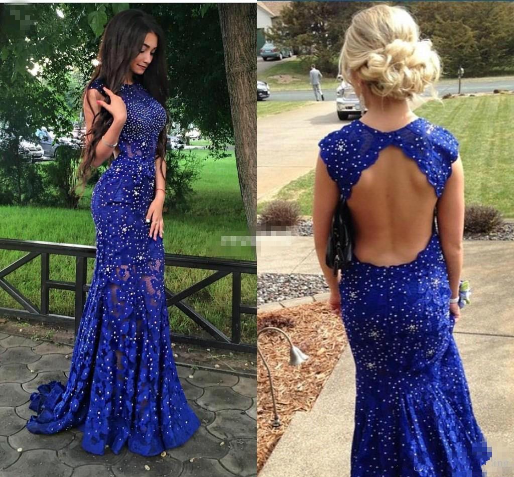 Vestidos de noche de encaje sin espalda con cuentas de cristal brillante Sirena elegante Fiesta azul Vestidos de noche de encaje sin espalda con cuentas de cristal brillante Sirena elegante Fiesta azul
