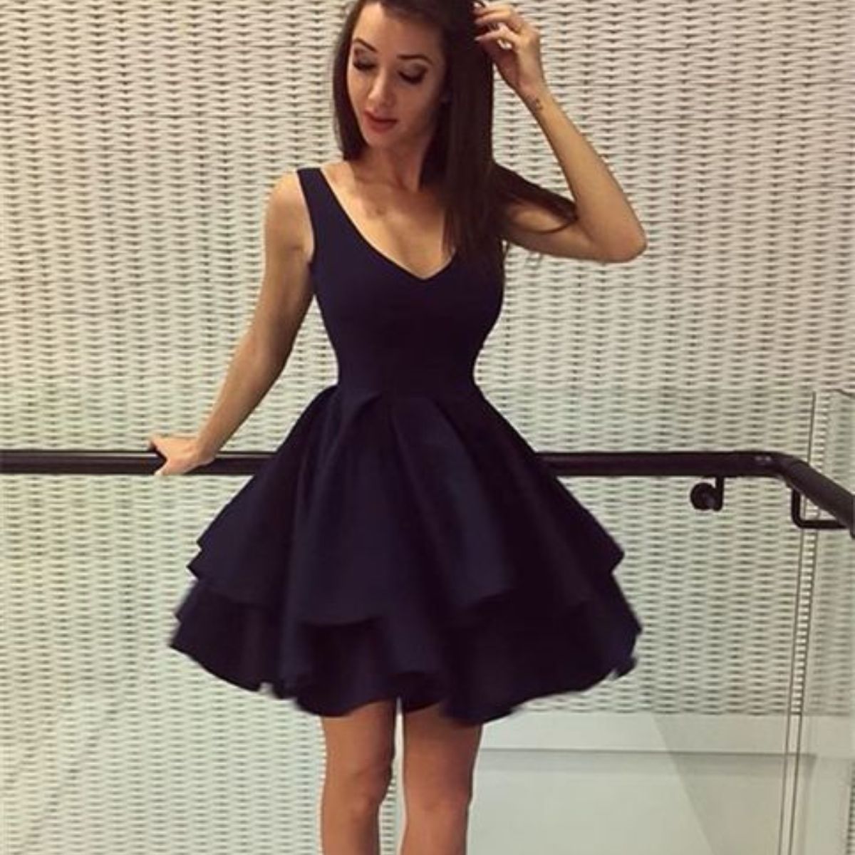 navy blue and white cocktail dress