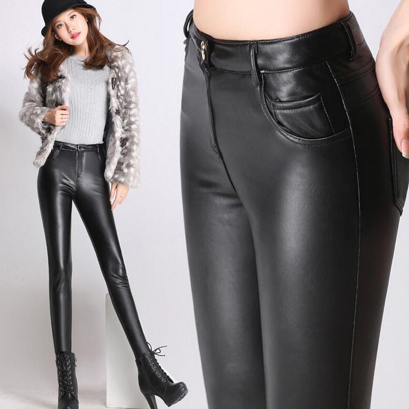 Guoran} Black Women Leather Pants Plus 