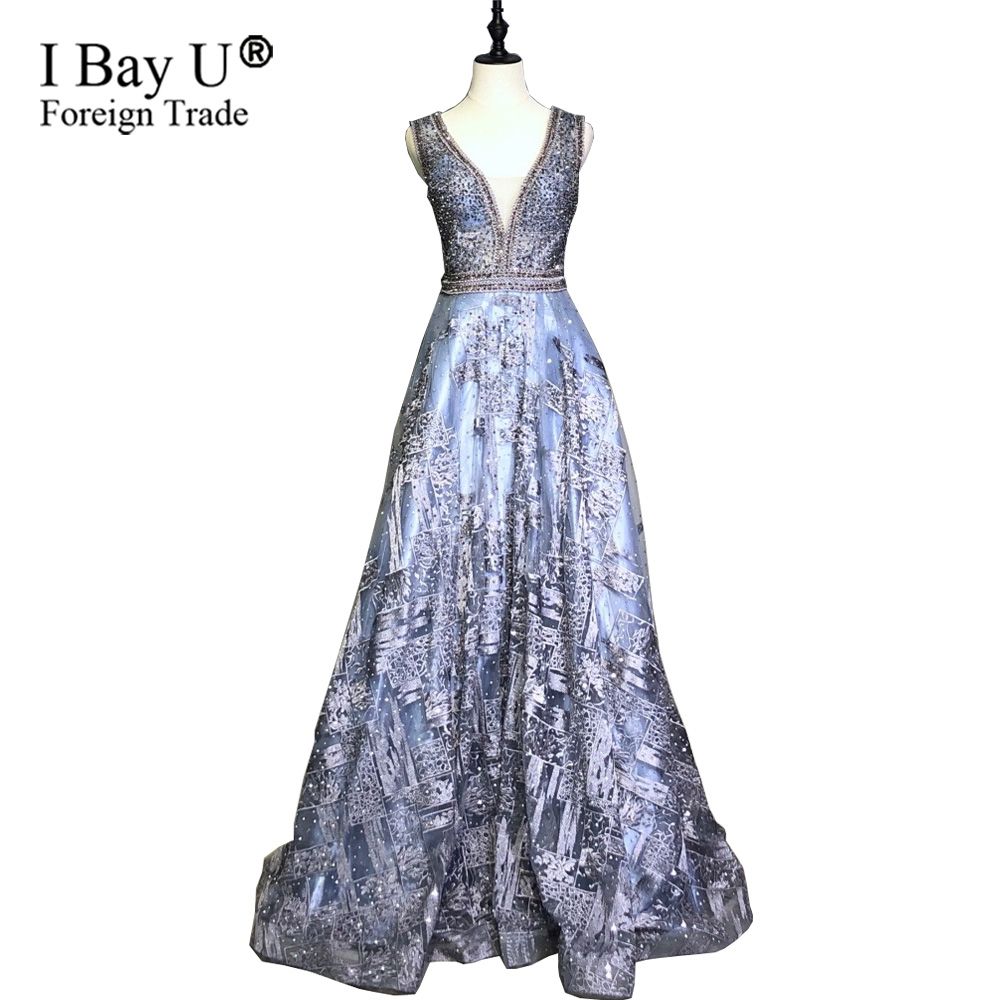 Luxury Grey Blue Crystal Beaded Evening Dresses 2019 New Design