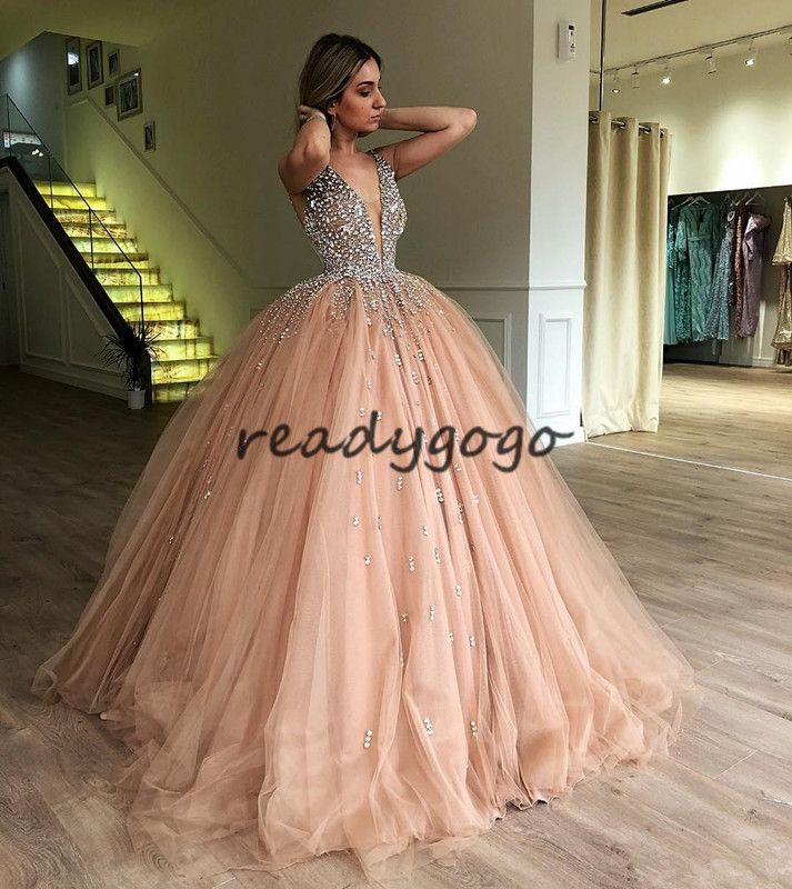 Peach Pink Ball Gown Prom Dresses 2018 
