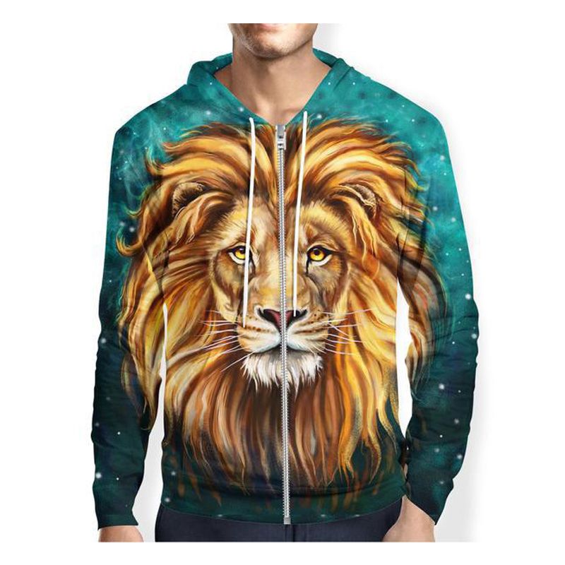Women Men Unisex Cotton Hoodies 3D Digital Lion Printed Long Sleeve Sweatshirts