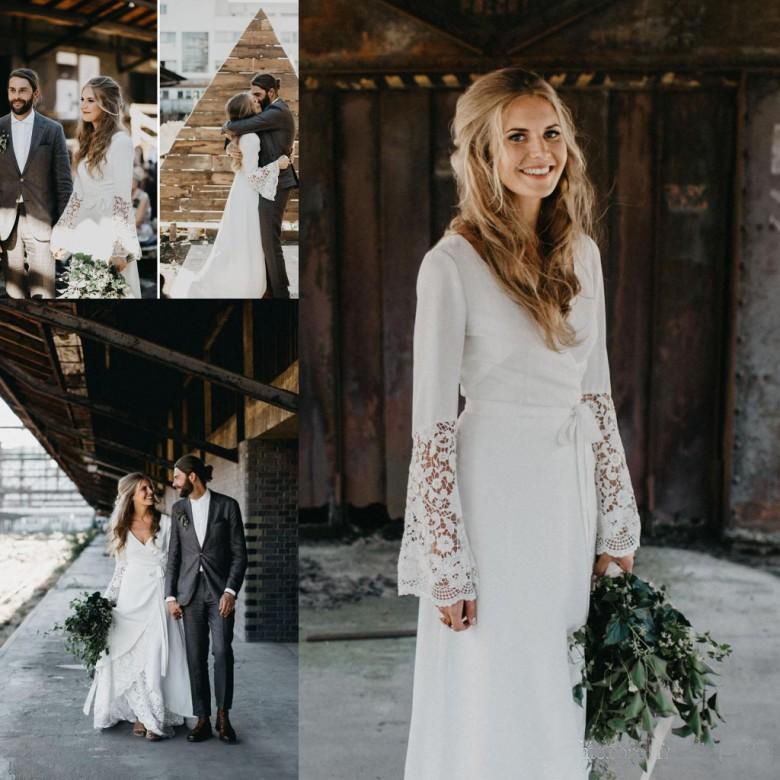 Compre Hippie Vintage Vestidos De Novia Country Crochet Lace A Line Bohemio Con Cuello En V Manga Larga Elegante 2018 Vestidos De Novia Tallas Grandes Vestido De Noiva A 89 17 Del