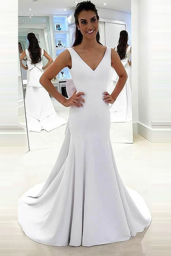 simple satin v neck wedding dress