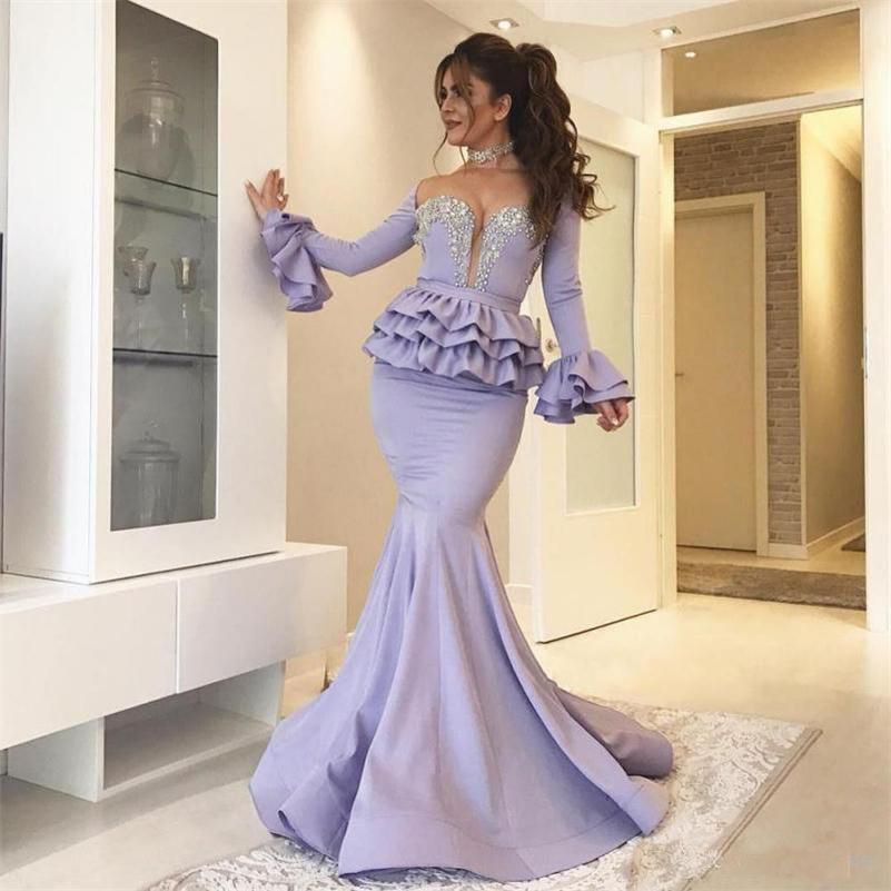 Lavender Mermaid Evening Dresses Peplum Tireed Beads Crystals Long ...
