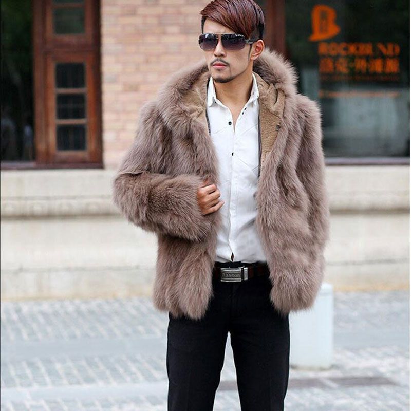 Abrigo de piel zorro sintético con para hombres de invierno 2016, chaquetas de piel