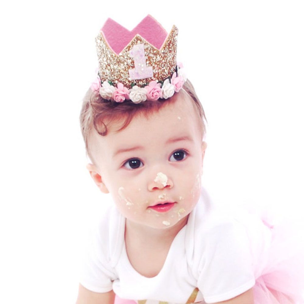 Corona de 2do cumpleaños diseño de flor dorada brillante niño con sombrero de cumpleaños Bebé Princesa Corona1 tocado 
